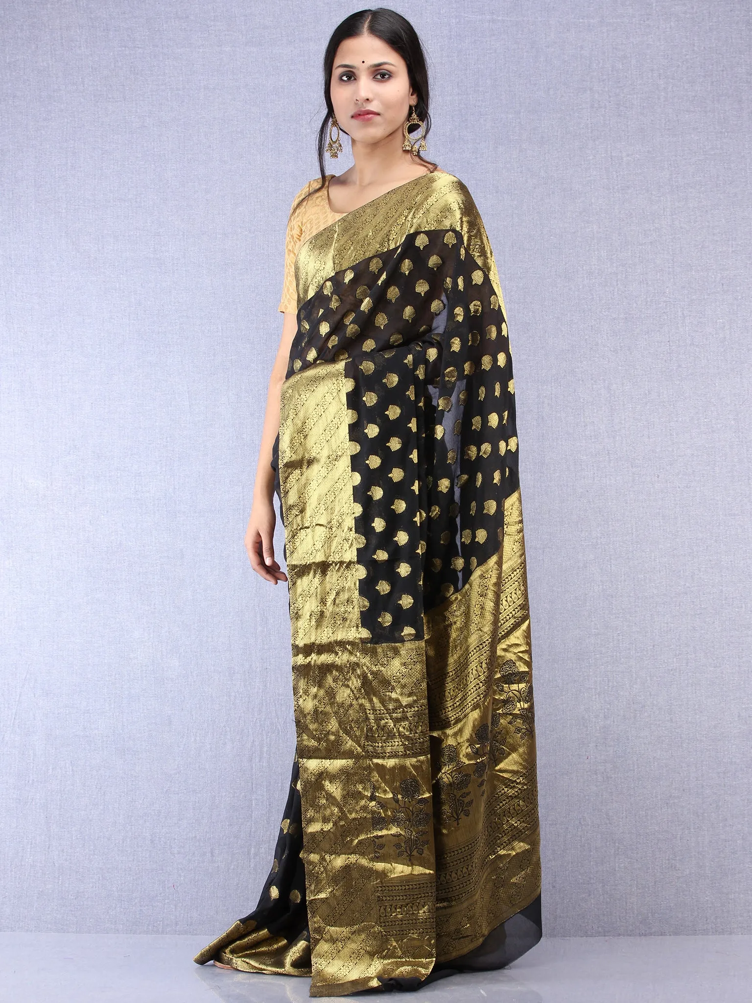 Banarasee Chiffon Saree With Golden Zari Weave - Black & Gold - S031704354