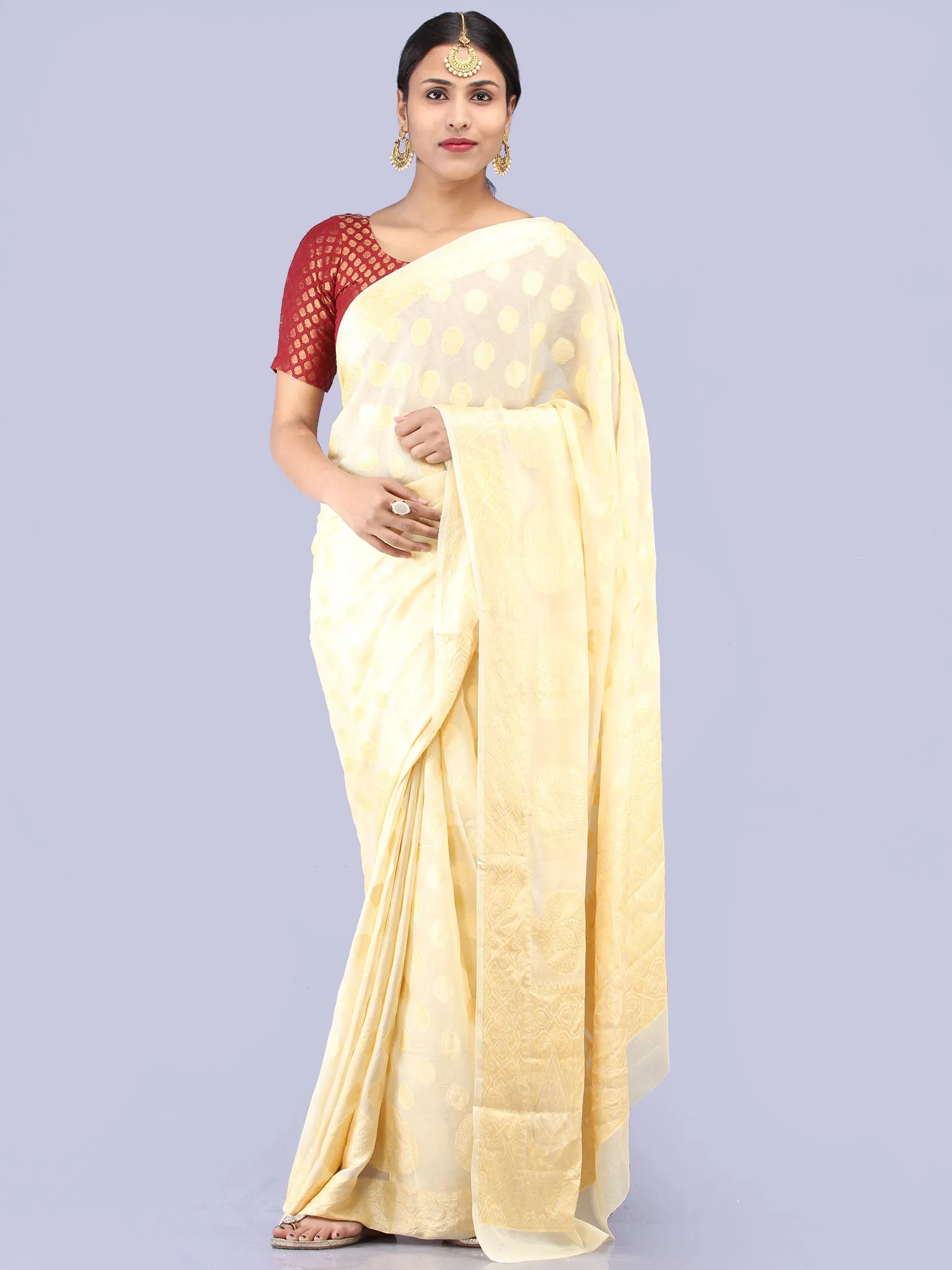 Banarasee Pure Chiffon Saree With Zari Work - Ivory Gold - S031704292