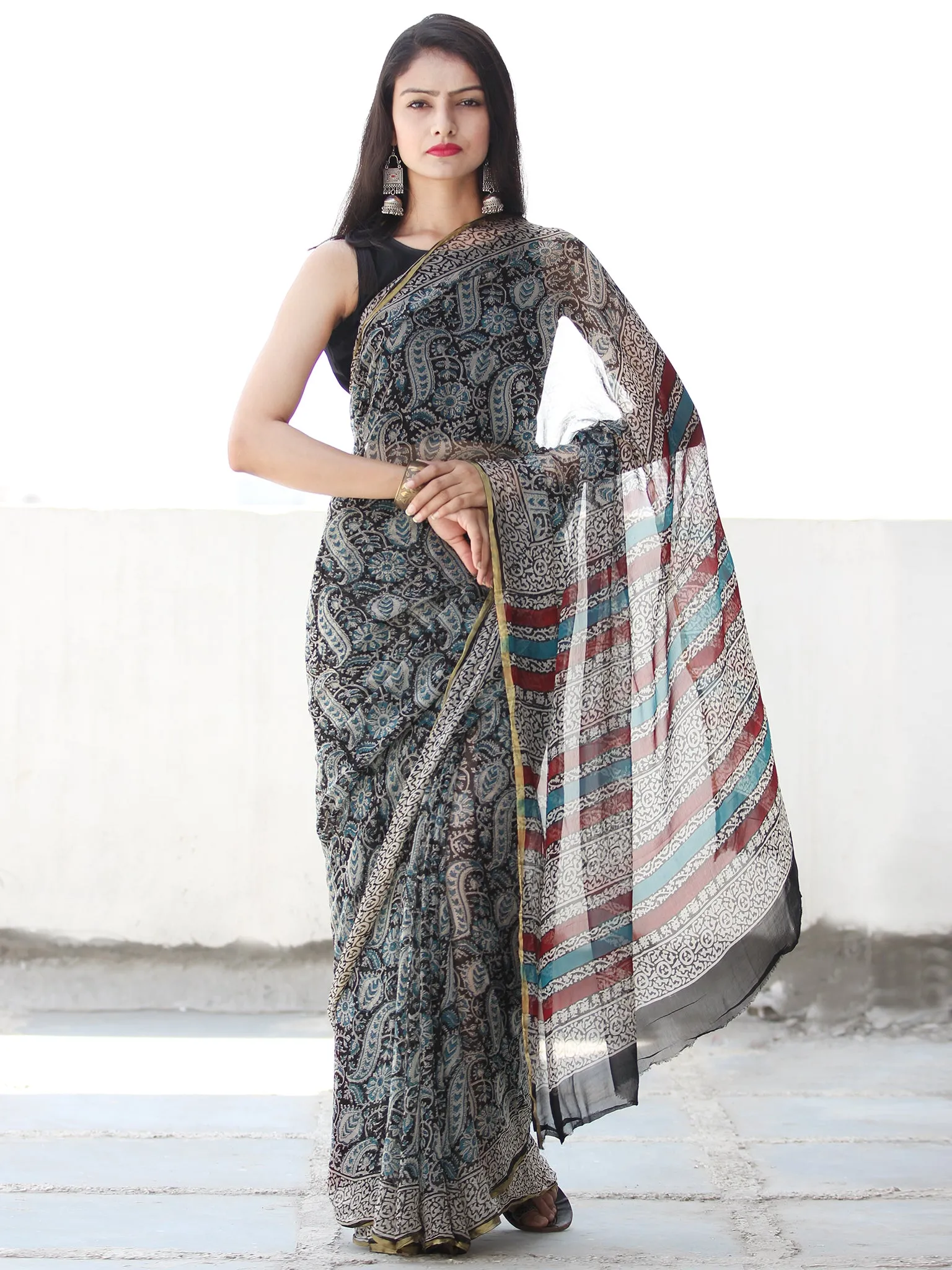 Beige Black Blue Hand Block Printed Chiffon Saree with Zari Border - S031703910
