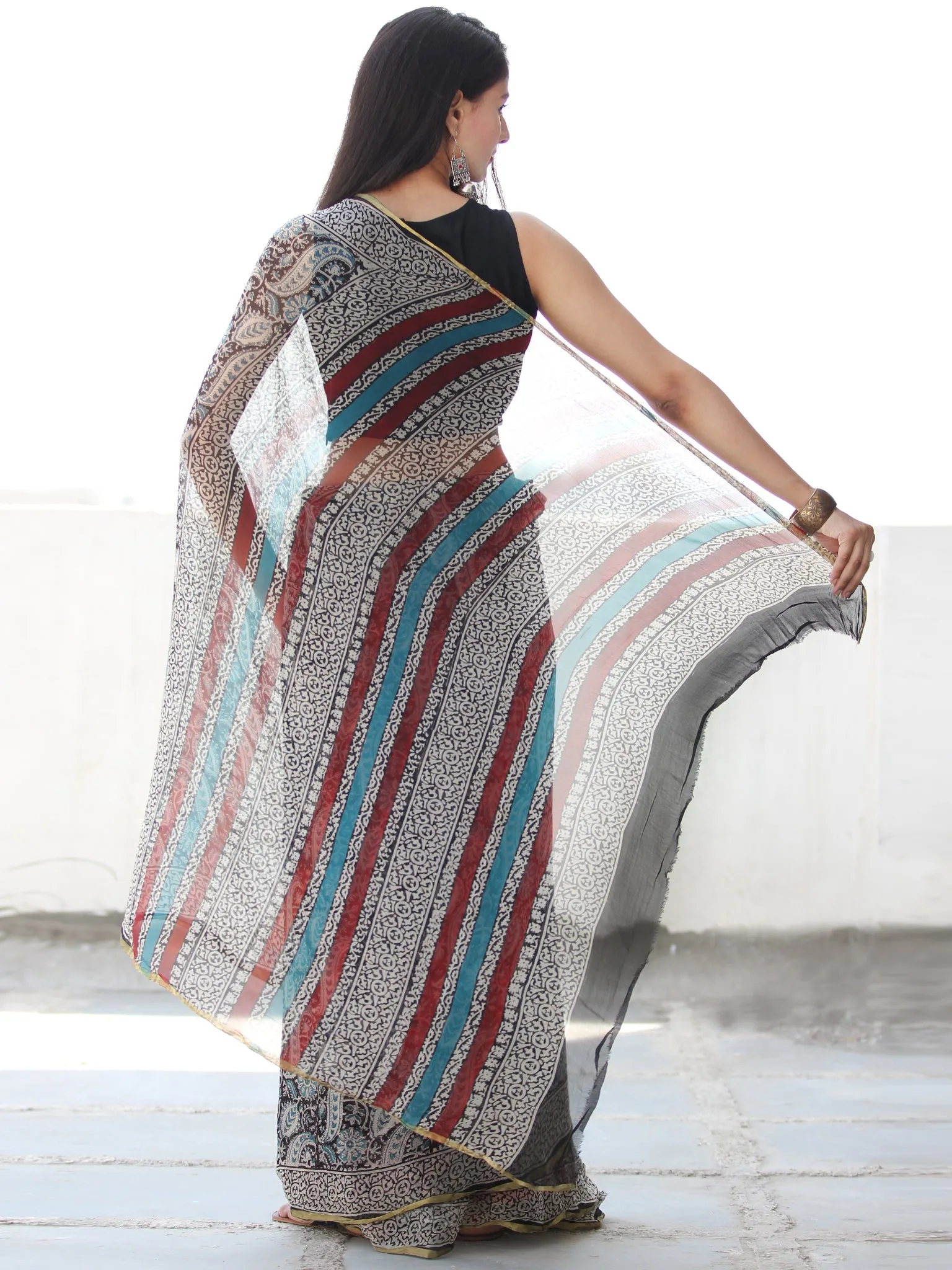 Beige Black Blue Hand Block Printed Chiffon Saree with Zari Border - S031703910