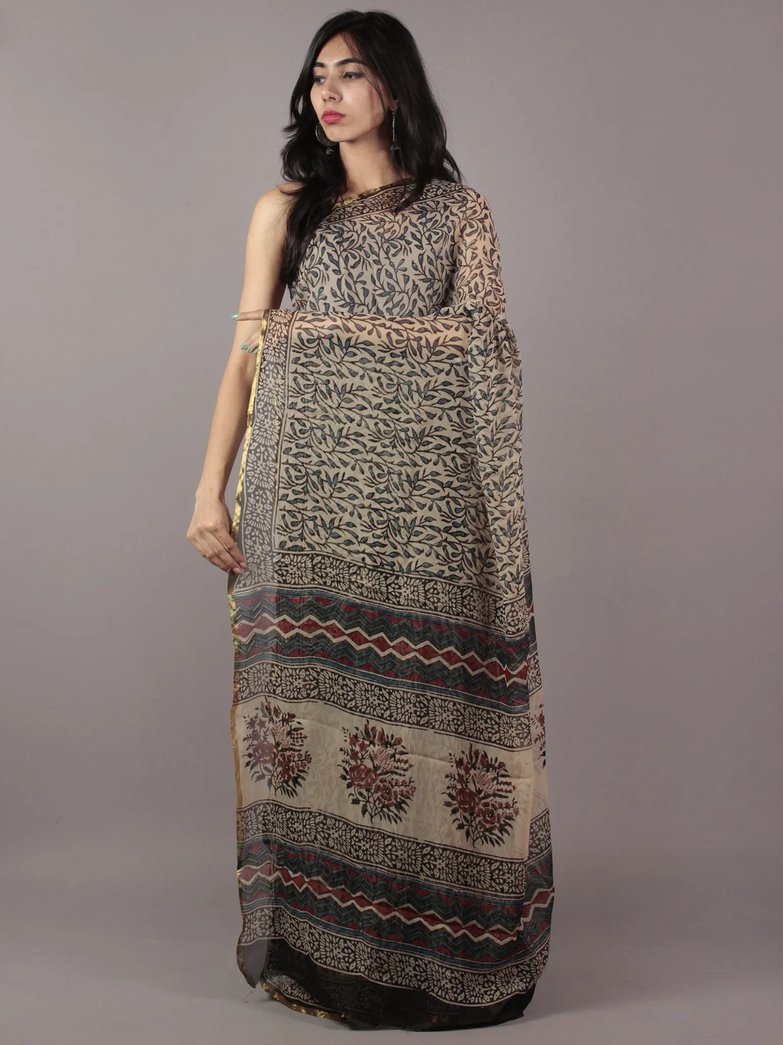 Beige Blue Black Red Hand Block Printed Chiffon Saree - S031701851