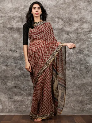 Beige Maroon Black Hand Block Printed Chiffon Saree with Zari Border - S031703495