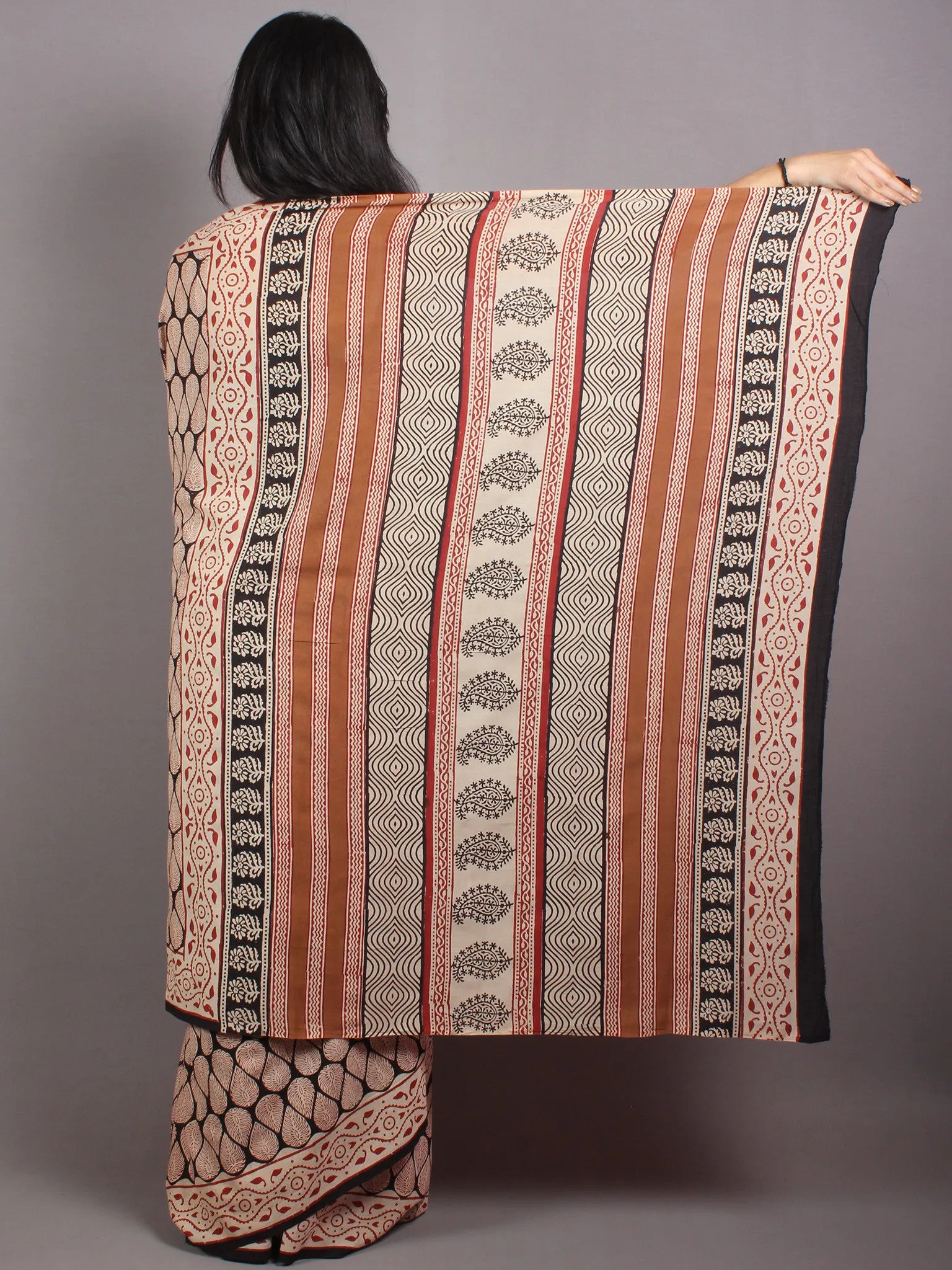 Beige Red Black Cotton Hand Block Printed Saree in Natural Colors - S03170675