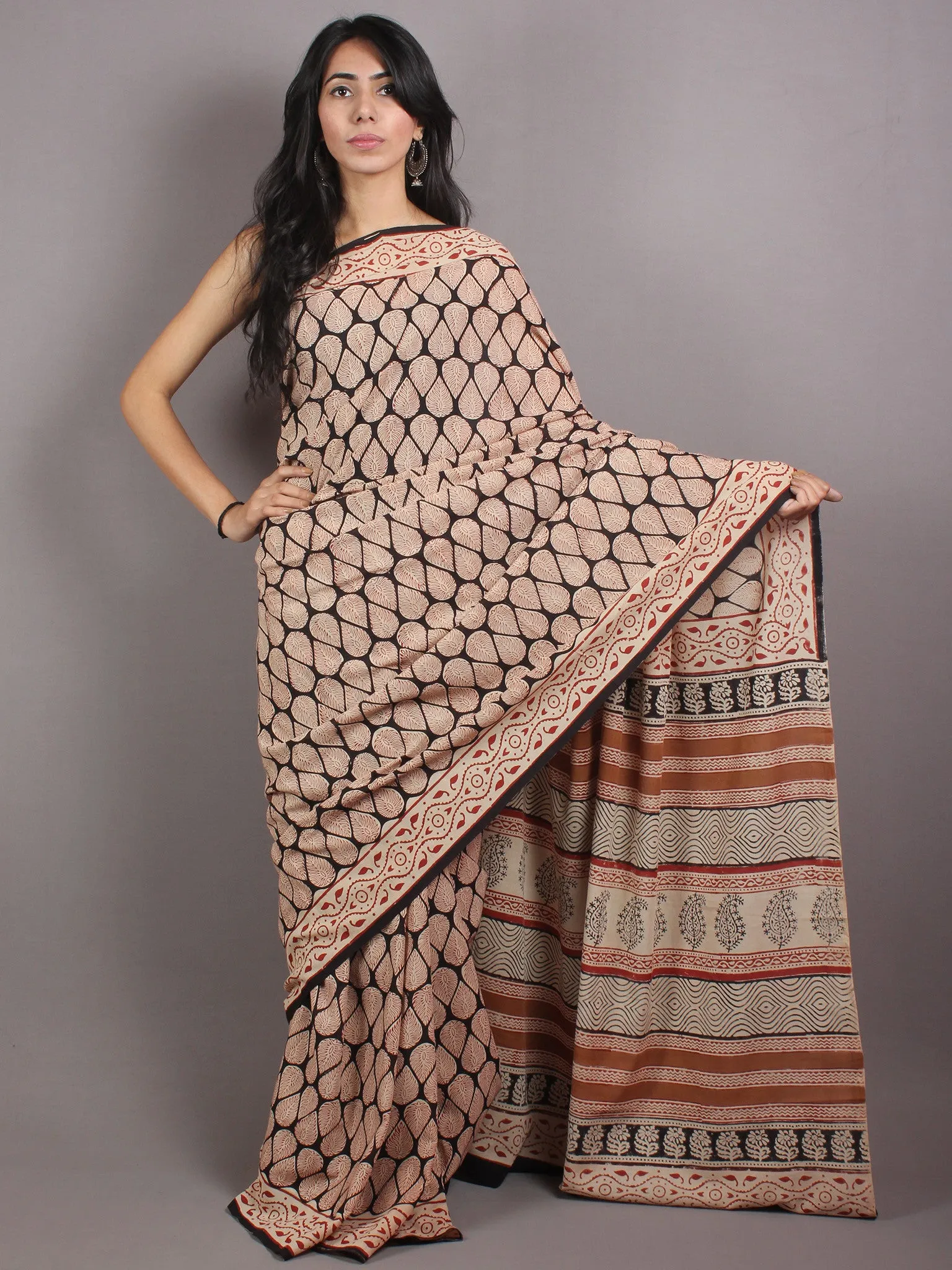 Beige Red Black Cotton Hand Block Printed Saree in Natural Colors - S03170675
