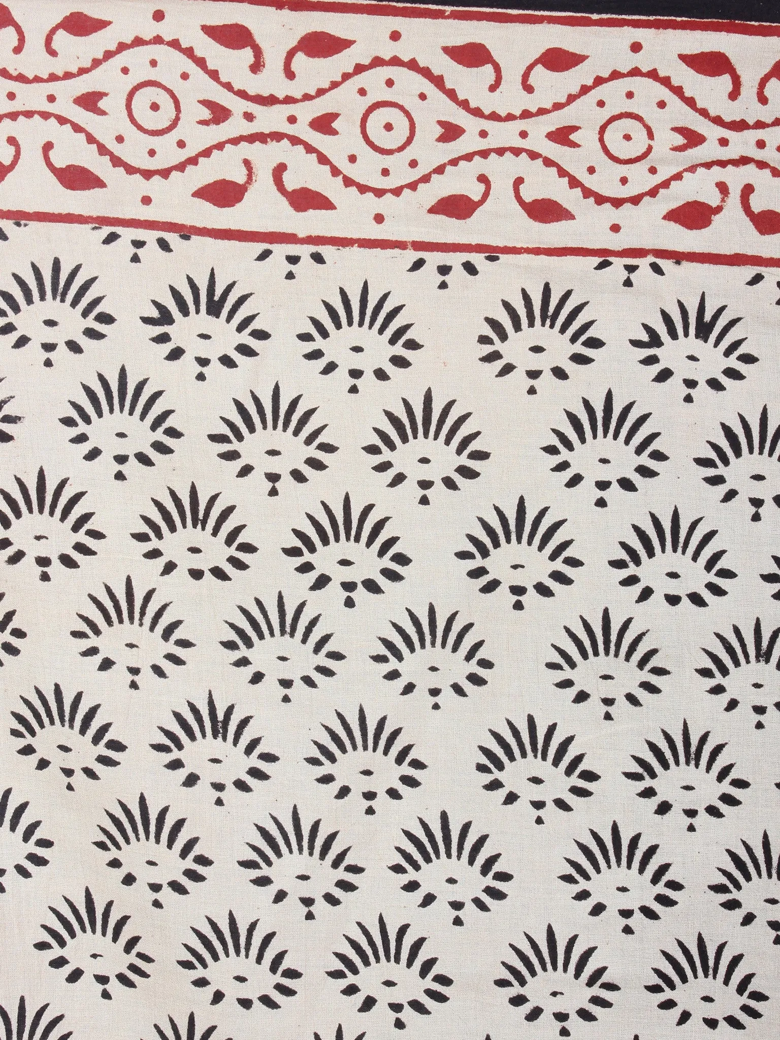 Beige Red Black Cotton Hand Block Printed Saree in Natural Colors - S03170675