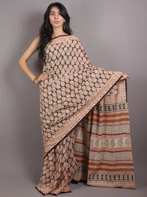 Beige Red Black Cotton Hand Block Printed Saree in Natural Colors - S03170675