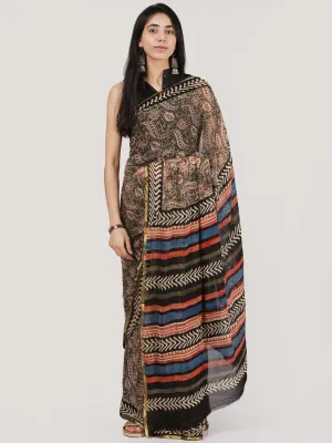 Beige Red Black Hand Block Printed Chiffon Saree With Zari Border - S031704689
