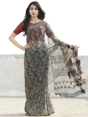 Black Beige  Hand Block Printed Chiffon Saree with Zari border- S031702684
