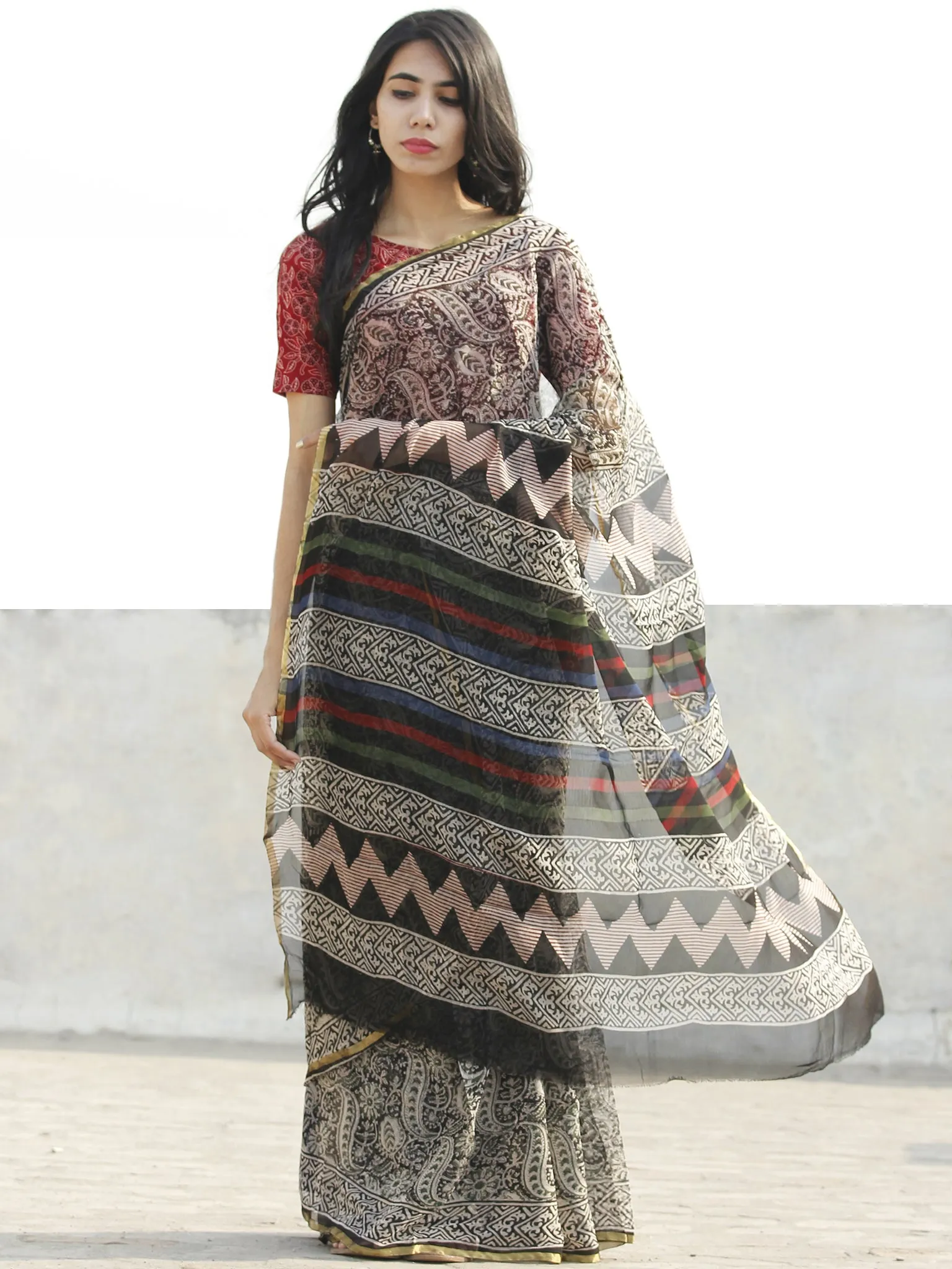 Black Beige  Hand Block Printed Chiffon Saree with Zari border- S031702684
