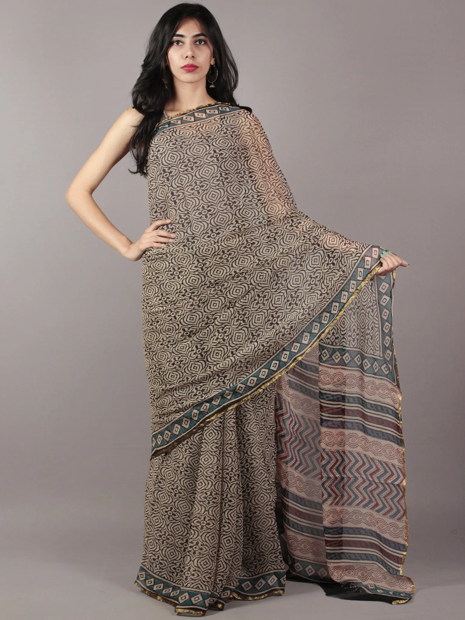 Black Beige Maroon Hand Block Printed Chiffon Saree - S031701821