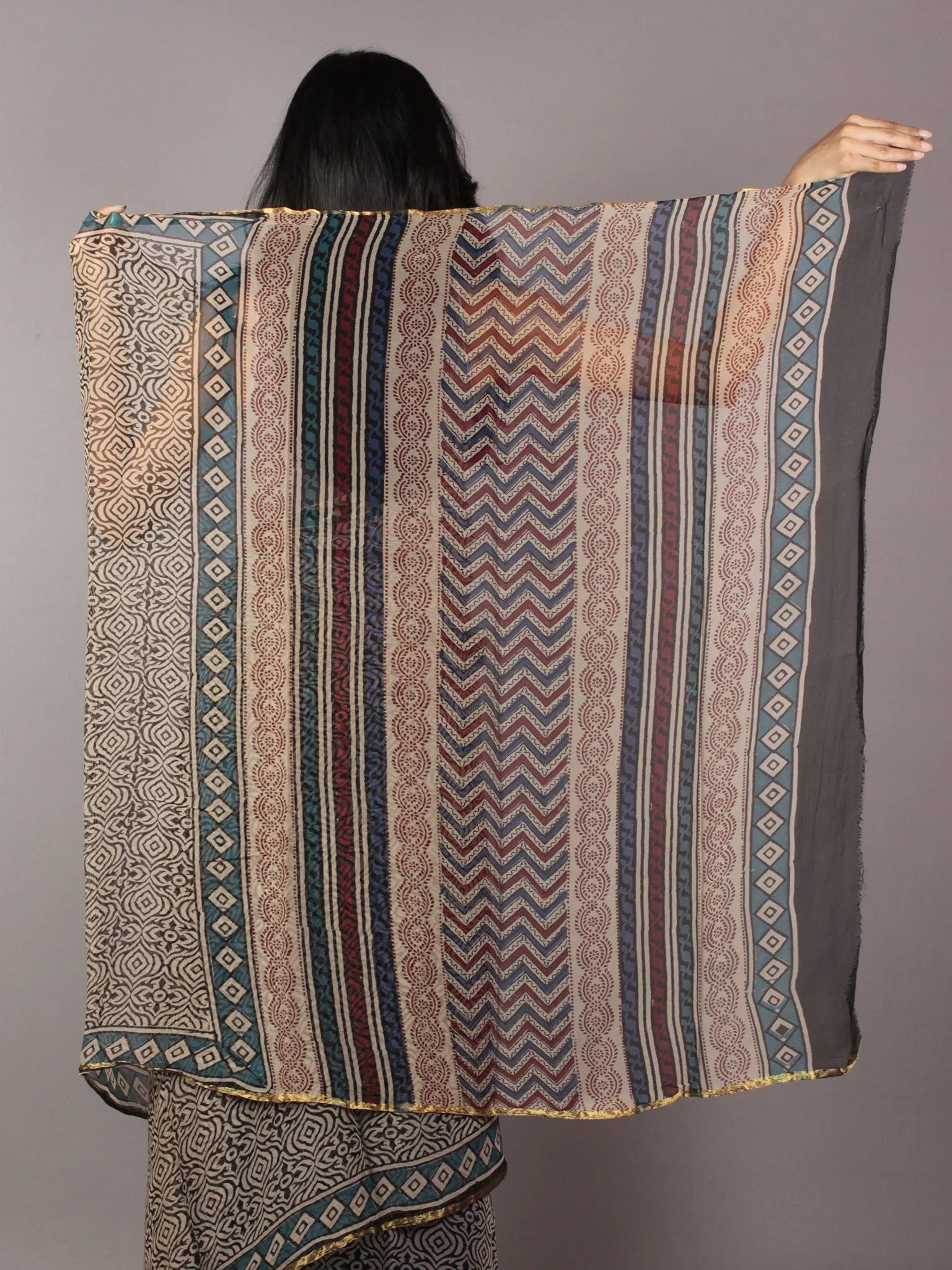 Black Beige Maroon Hand Block Printed Chiffon Saree - S031701821