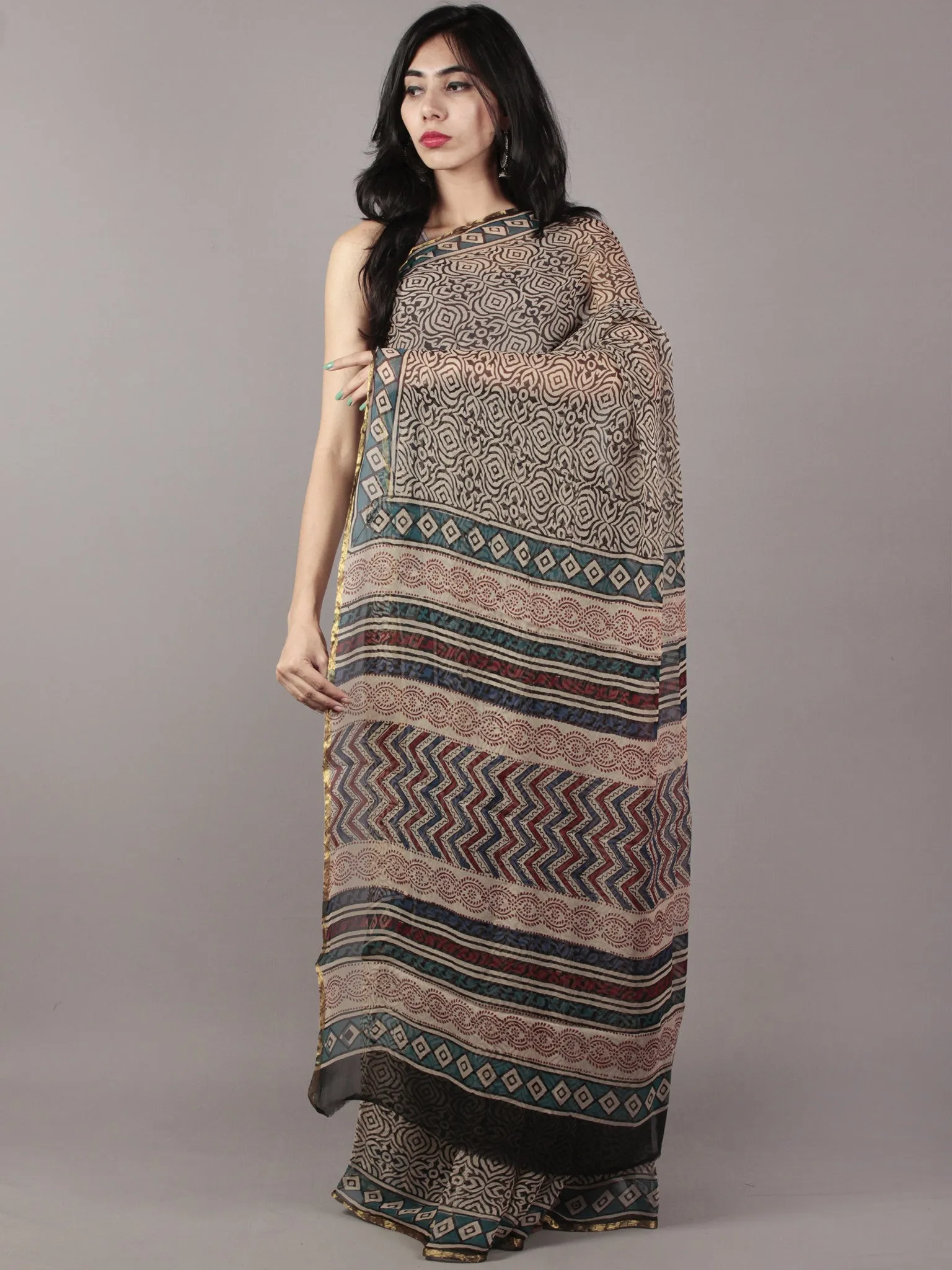 Black Beige Maroon Hand Block Printed Chiffon Saree - S031701821