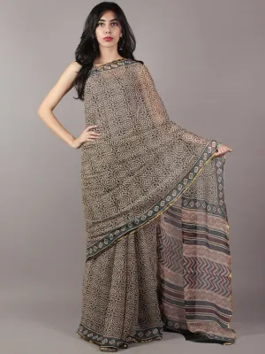Black Beige Maroon Hand Block Printed Chiffon Saree - S031701821