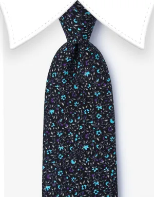 Black Extra Long Floral Tie with Mini Blue and Purple Flowers