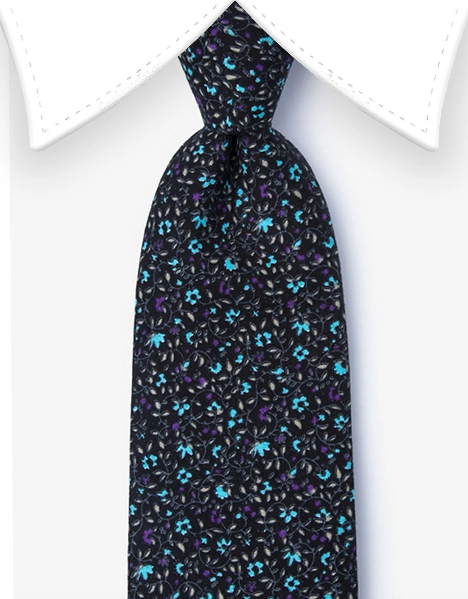 Black Extra Long Floral Tie with Mini Blue and Purple Flowers