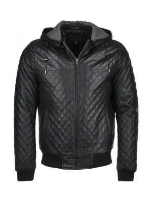 Black hooded bomber Quilted Leather Jacket