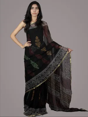 Black White Maroon Green Orange Hand Block Printed Chiffon Saree - S031701880