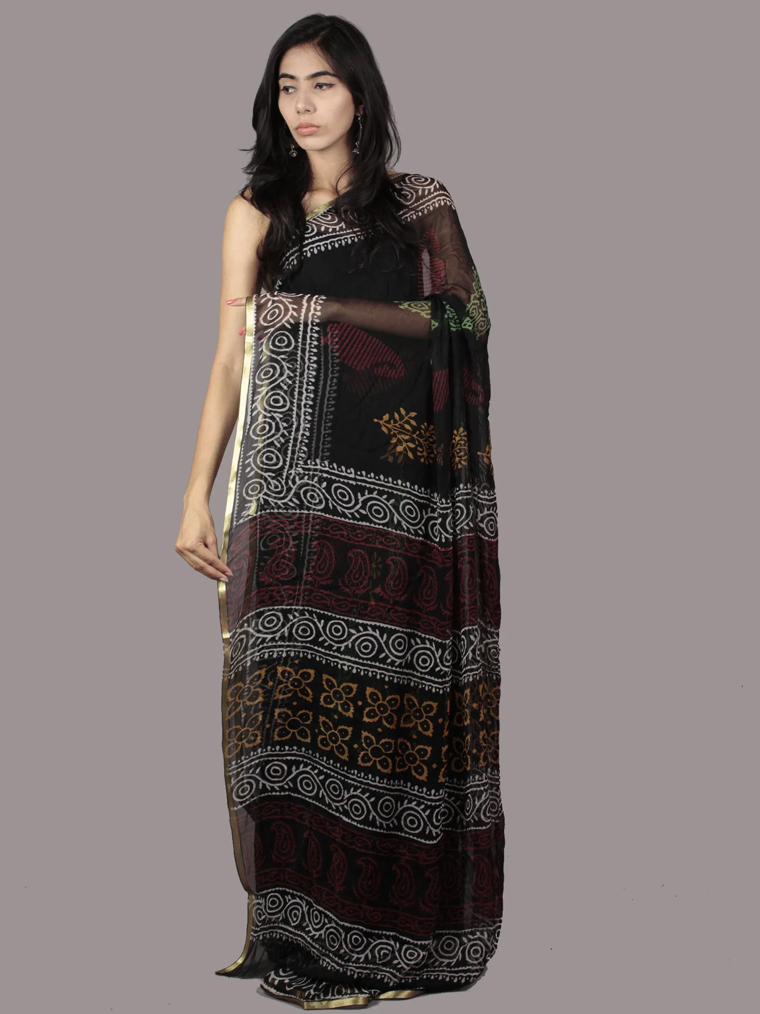 Black White Maroon Green Orange Hand Block Printed Chiffon Saree - S031701880
