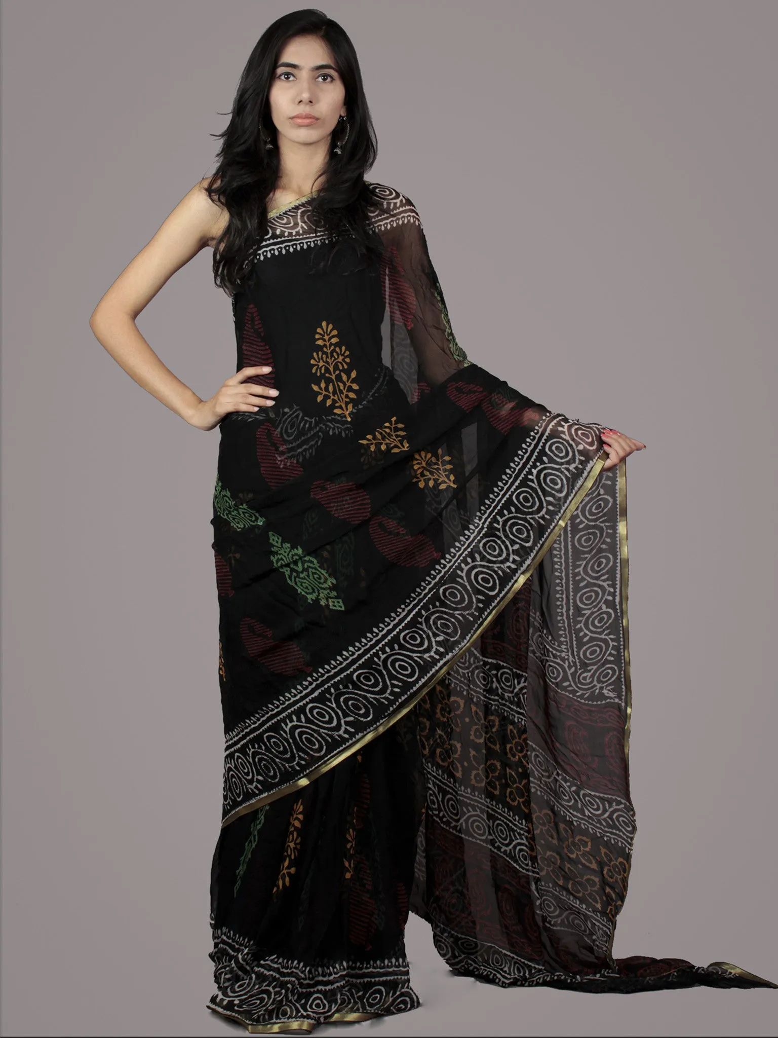 Black White Maroon Green Orange Hand Block Printed Chiffon Saree - S031701880