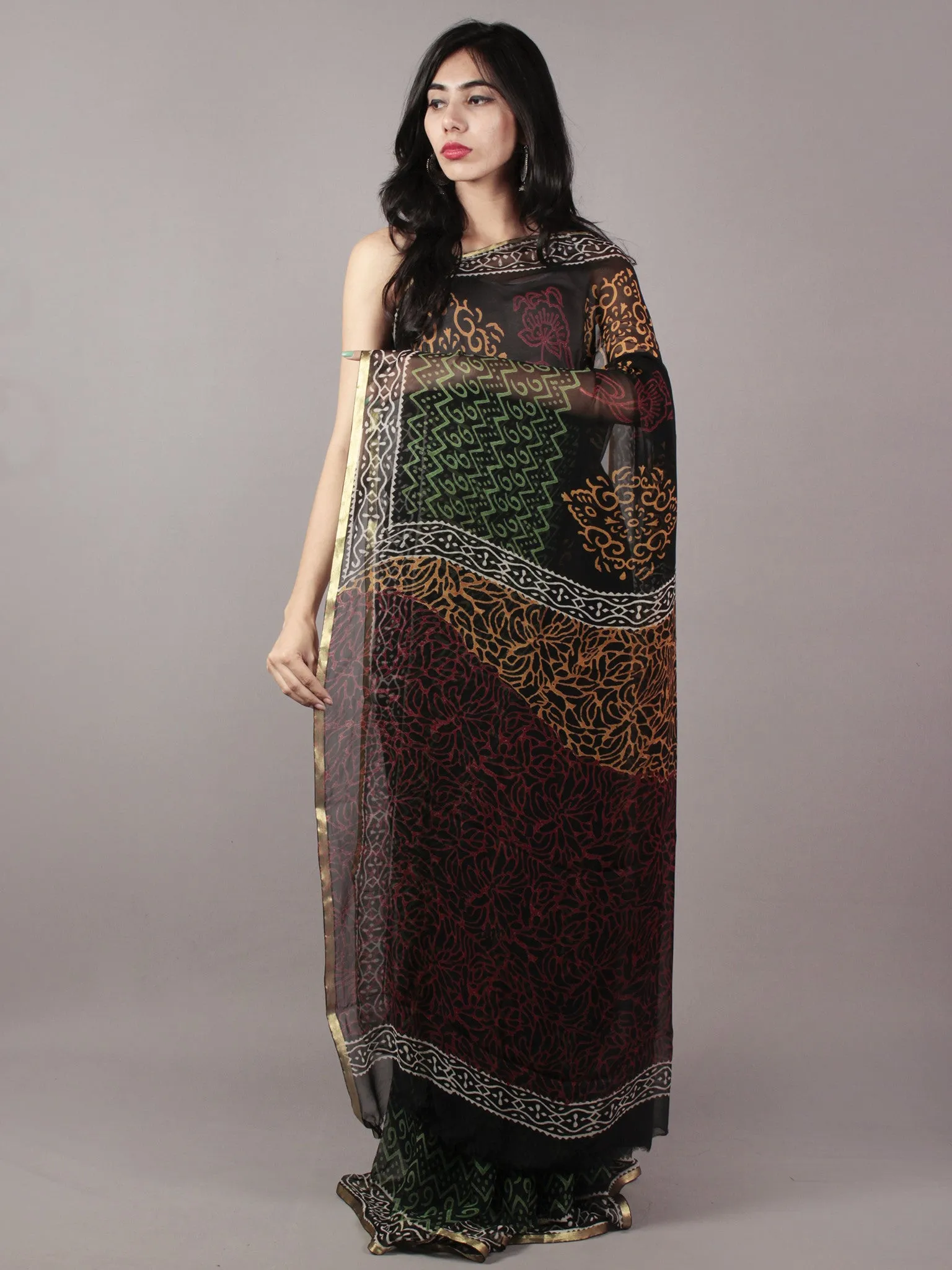 Black White Orange Green Red Hand Block Printed Chiffon Saree - S031701827