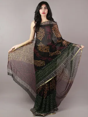 Black White Orange Green Red Hand Block Printed Chiffon Saree - S031701827