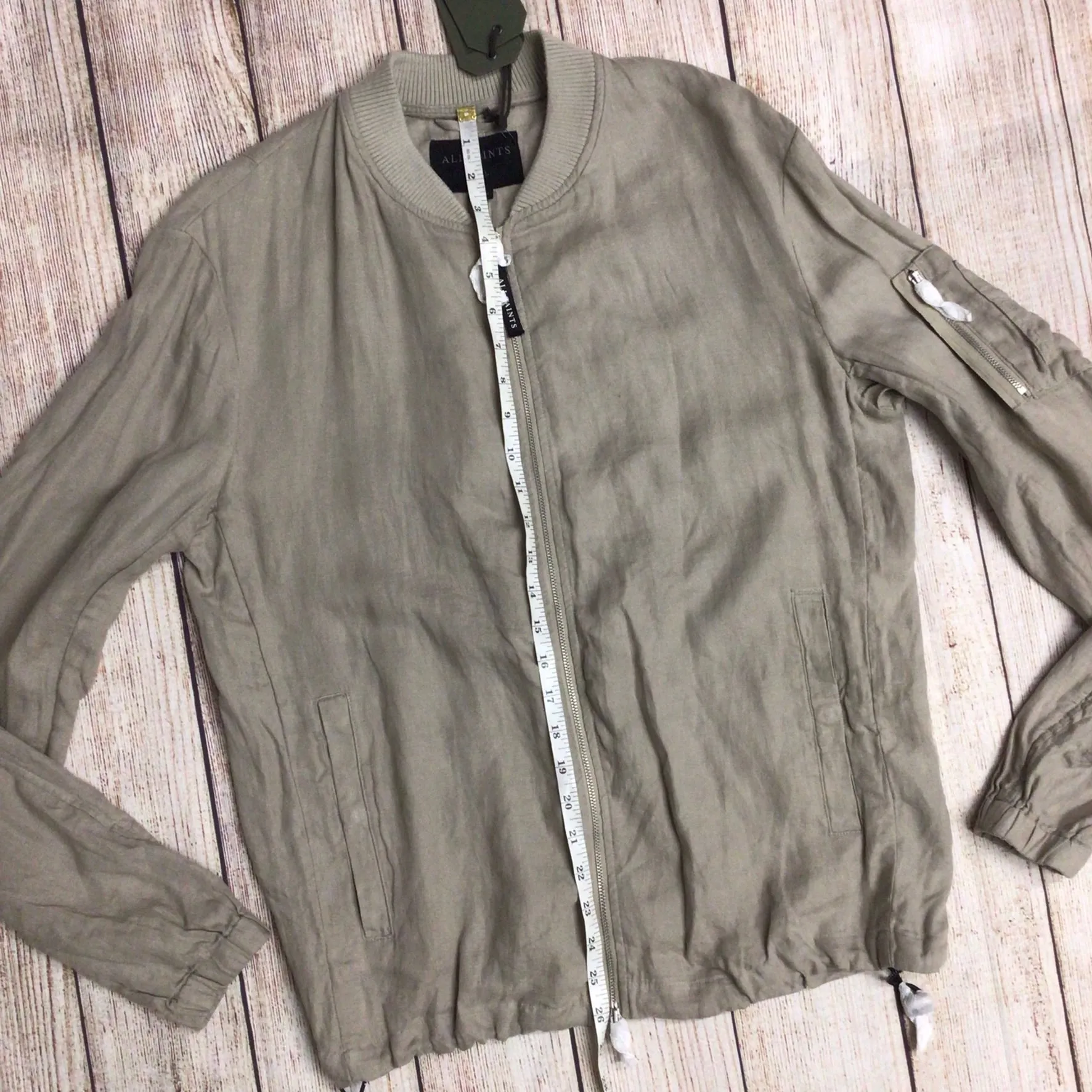 BNWT AllSaints Limestone Taupe 100% Linen Borra Bomber Jacket Size S
