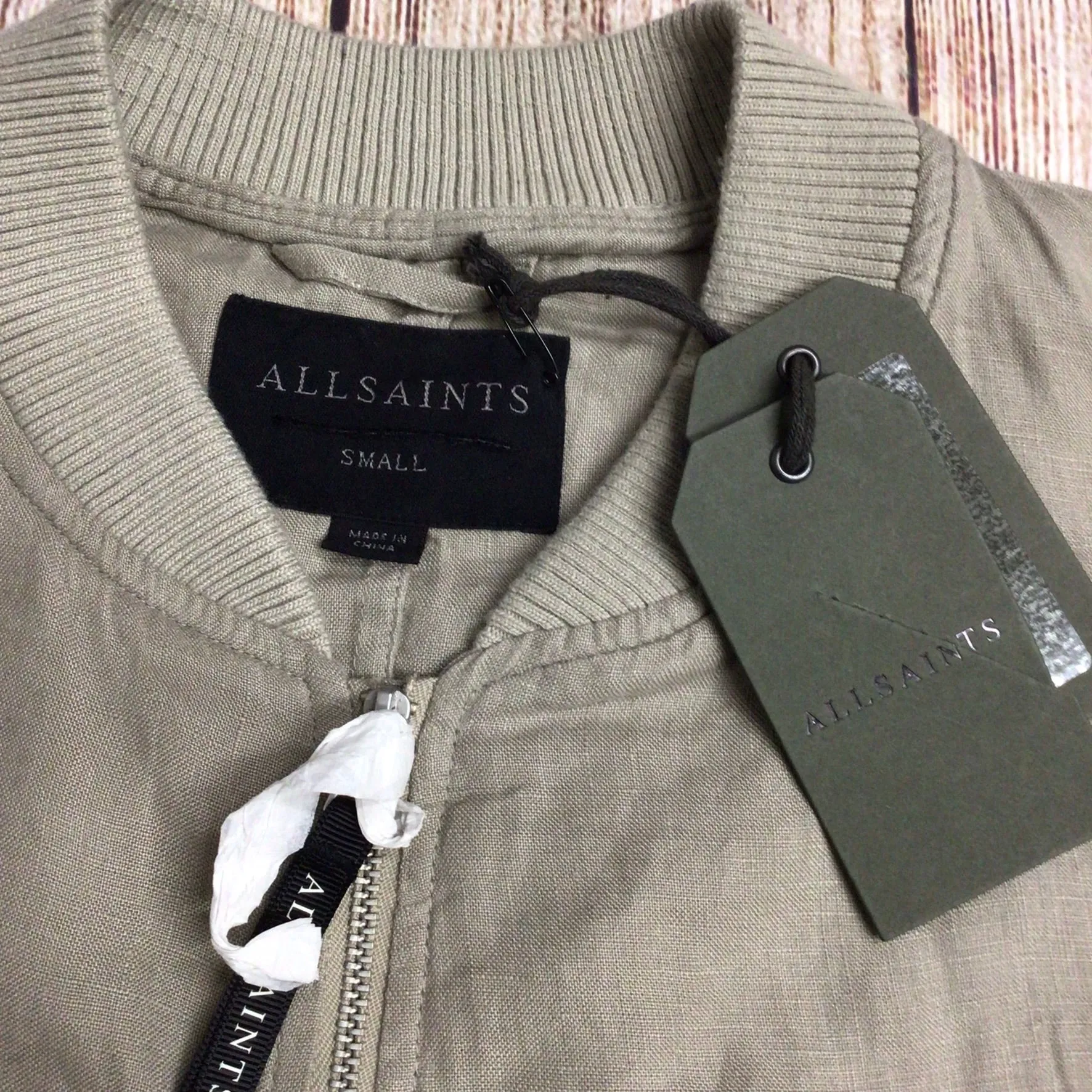 BNWT AllSaints Limestone Taupe 100% Linen Borra Bomber Jacket Size S