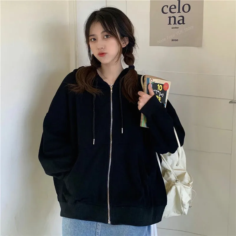 Casual Oversized Zip-Up Hooded Sweatshirts with Pockets