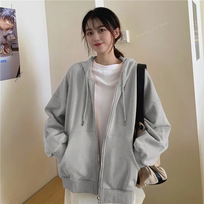 Casual Oversized Zip-Up Hooded Sweatshirts with Pockets