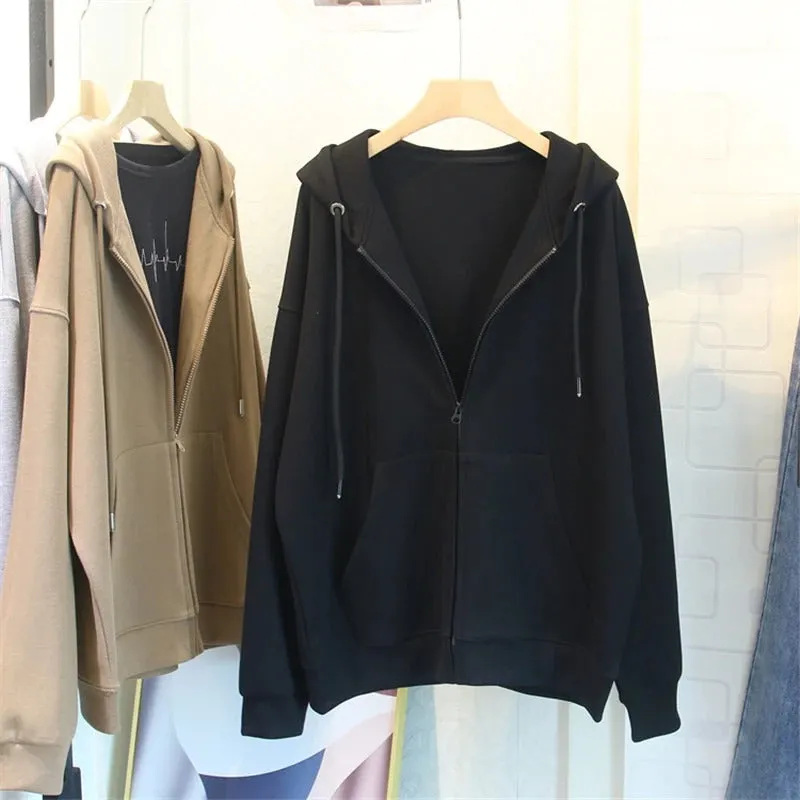 Casual Oversized Zip-Up Hooded Sweatshirts with Pockets