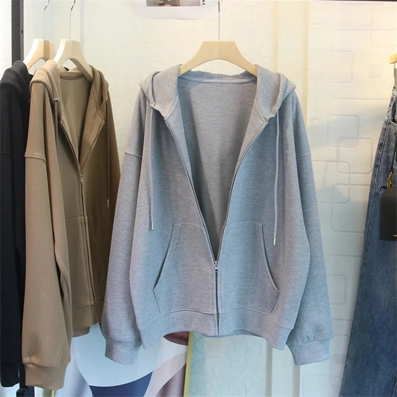 Casual Oversized Zip-Up Hooded Sweatshirts with Pockets