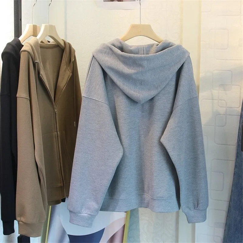 Casual Oversized Zip-Up Hooded Sweatshirts with Pockets