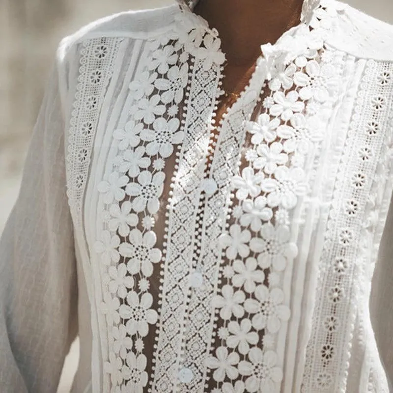 Casual Solid Color Cotton Lace Patchwork Blouses Tops