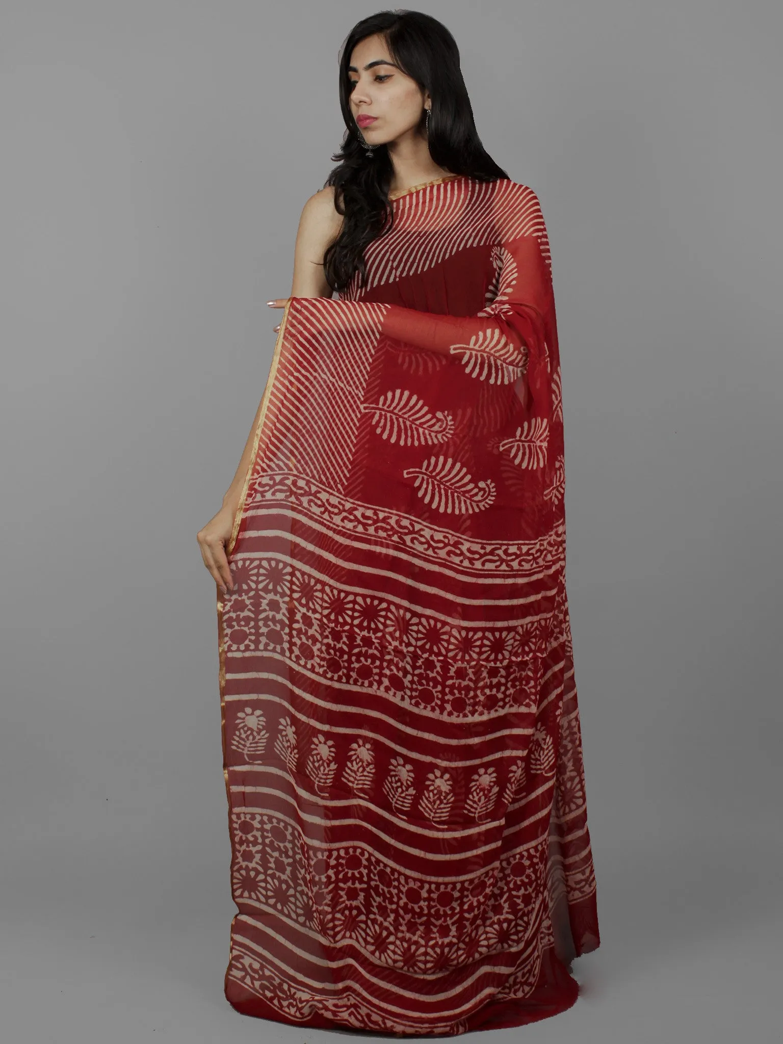 Cherry Red Ivory Hand Block Printed Chiffon Saree - S031702084