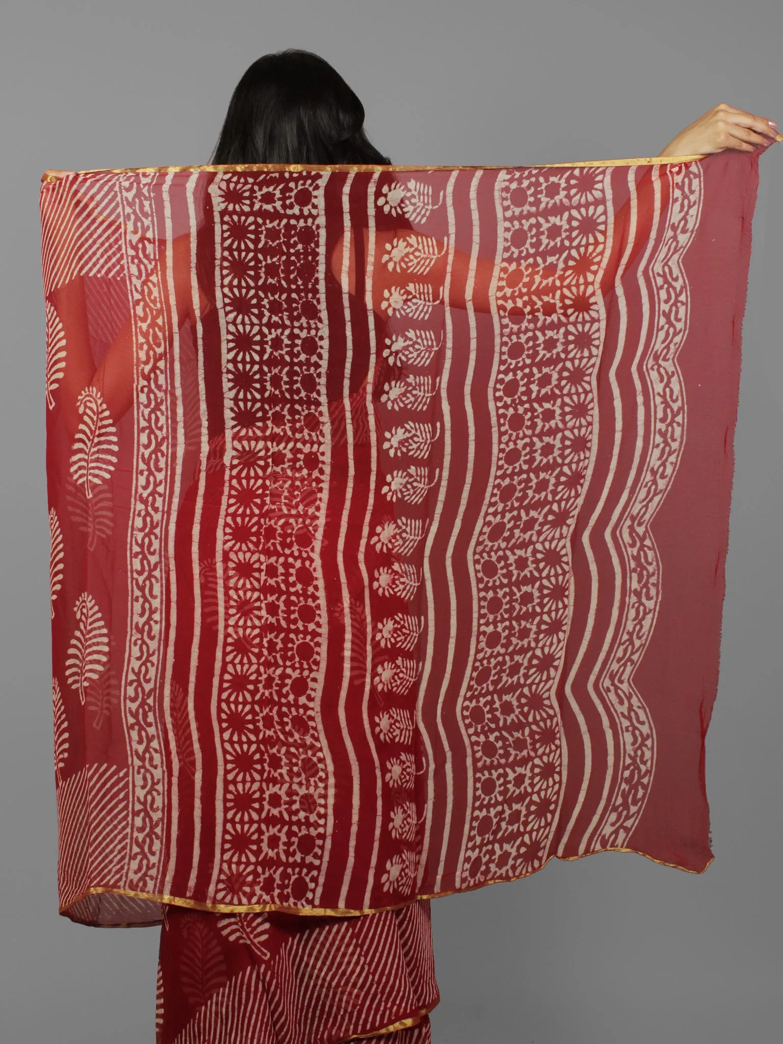 Cherry Red Ivory Hand Block Printed Chiffon Saree - S031702084