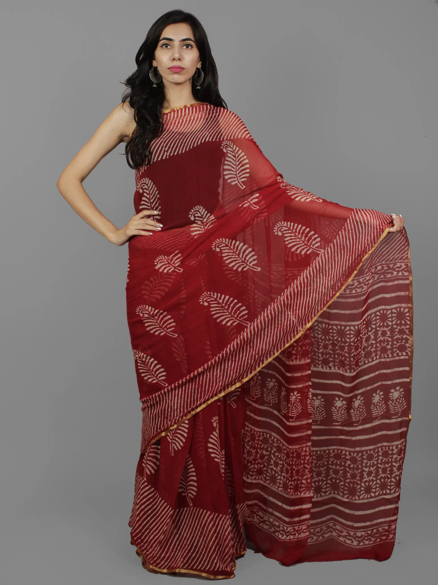 Cherry Red Ivory Hand Block Printed Chiffon Saree - S031702084