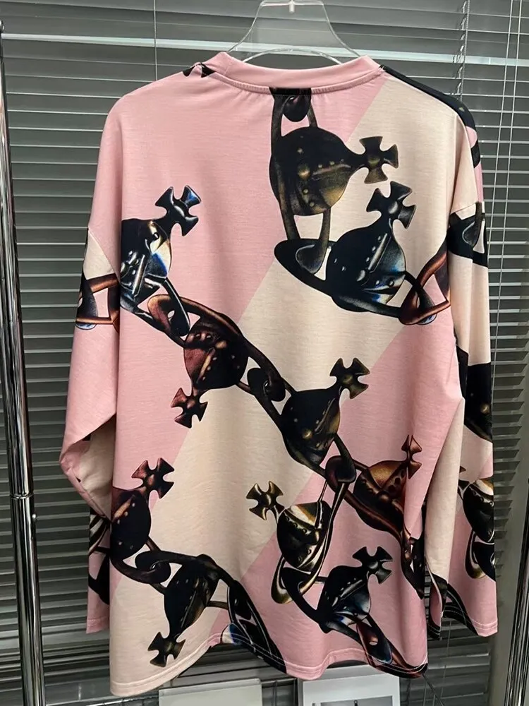 Colorblock Printing Casual T Shirts For Women Round Neck Long Sleeve Temperament Pullover T Shirt Female Fashion