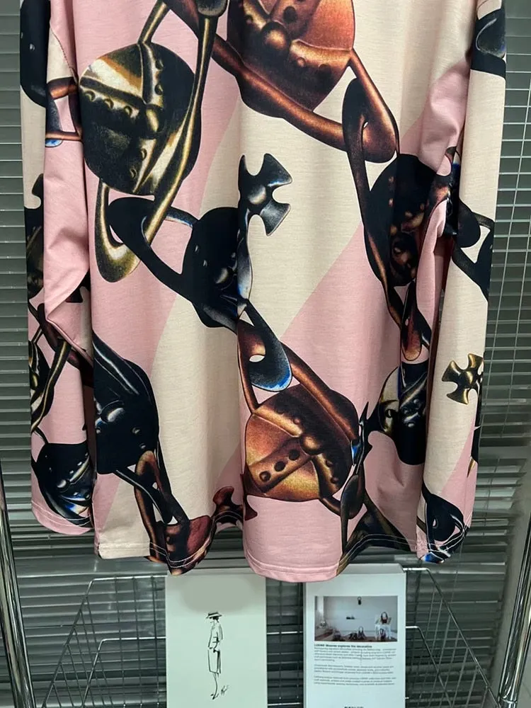 Colorblock Printing Casual T Shirts For Women Round Neck Long Sleeve Temperament Pullover T Shirt Female Fashion