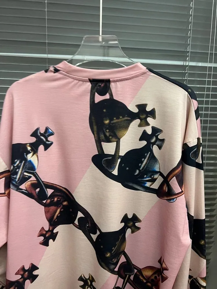 Colorblock Printing Casual T Shirts For Women Round Neck Long Sleeve Temperament Pullover T Shirt Female Fashion