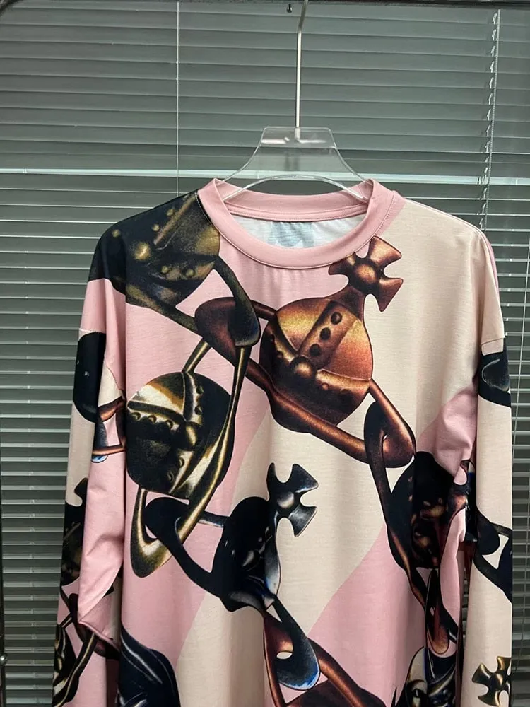 Colorblock Printing Casual T Shirts For Women Round Neck Long Sleeve Temperament Pullover T Shirt Female Fashion