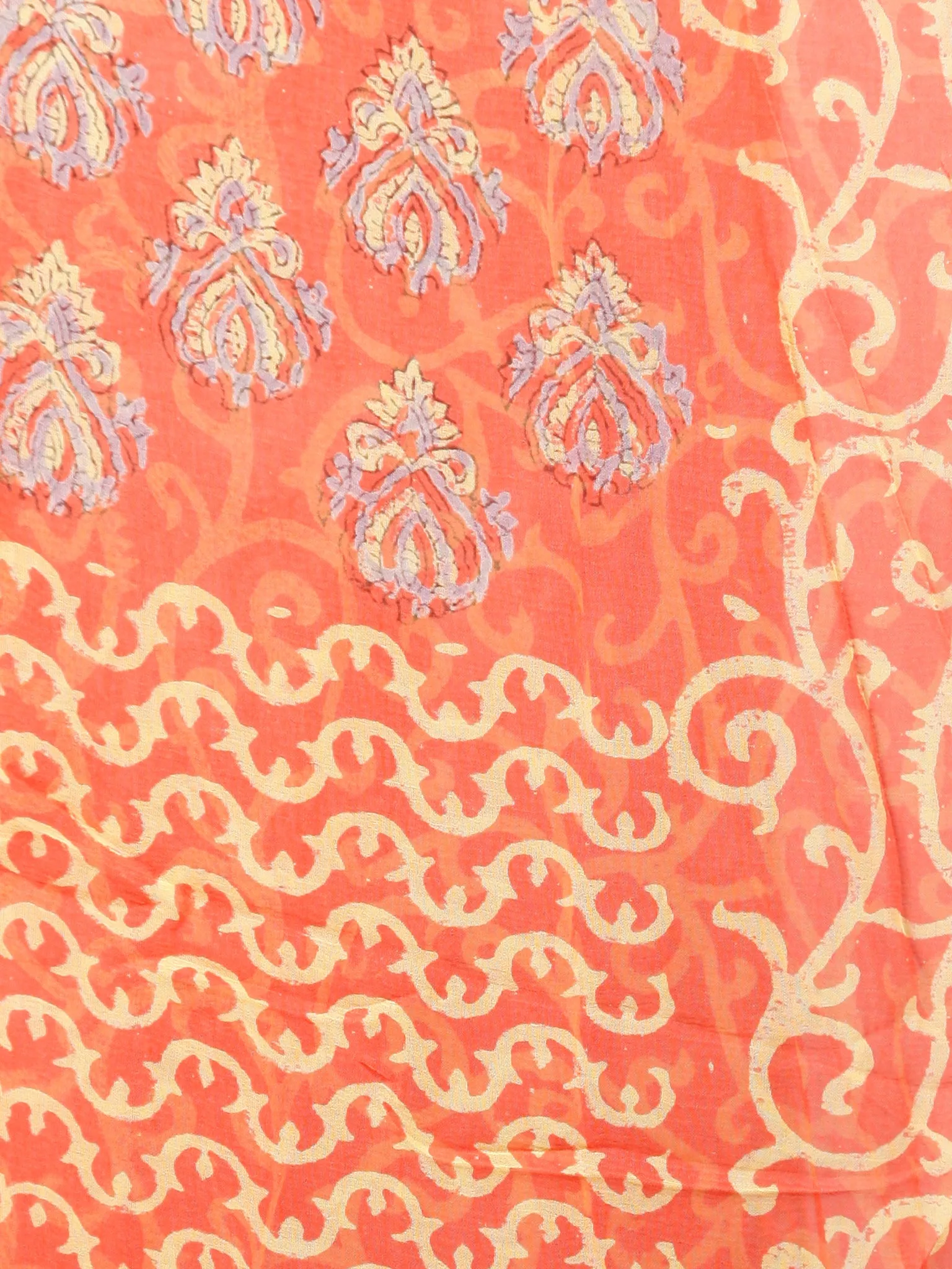 Coral Green Hand Block Printed Chiffon Saree with Zari Border - S031703438