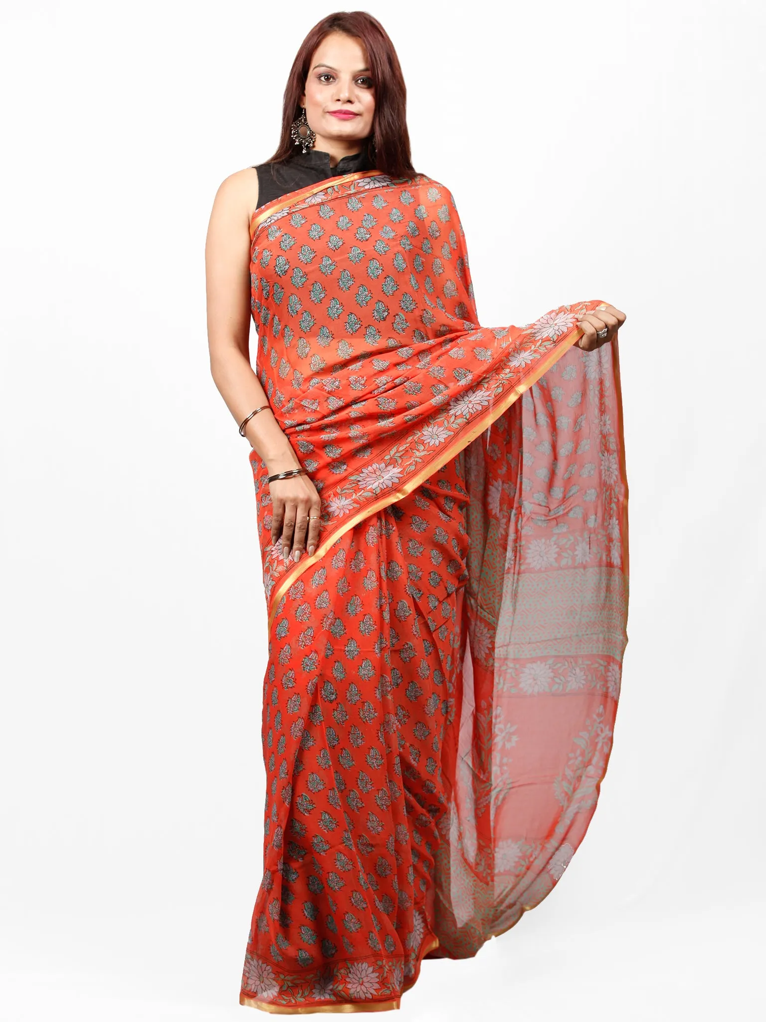 Coral Green Hand Block Printed Chiffon Saree with Zari Border - S031703438