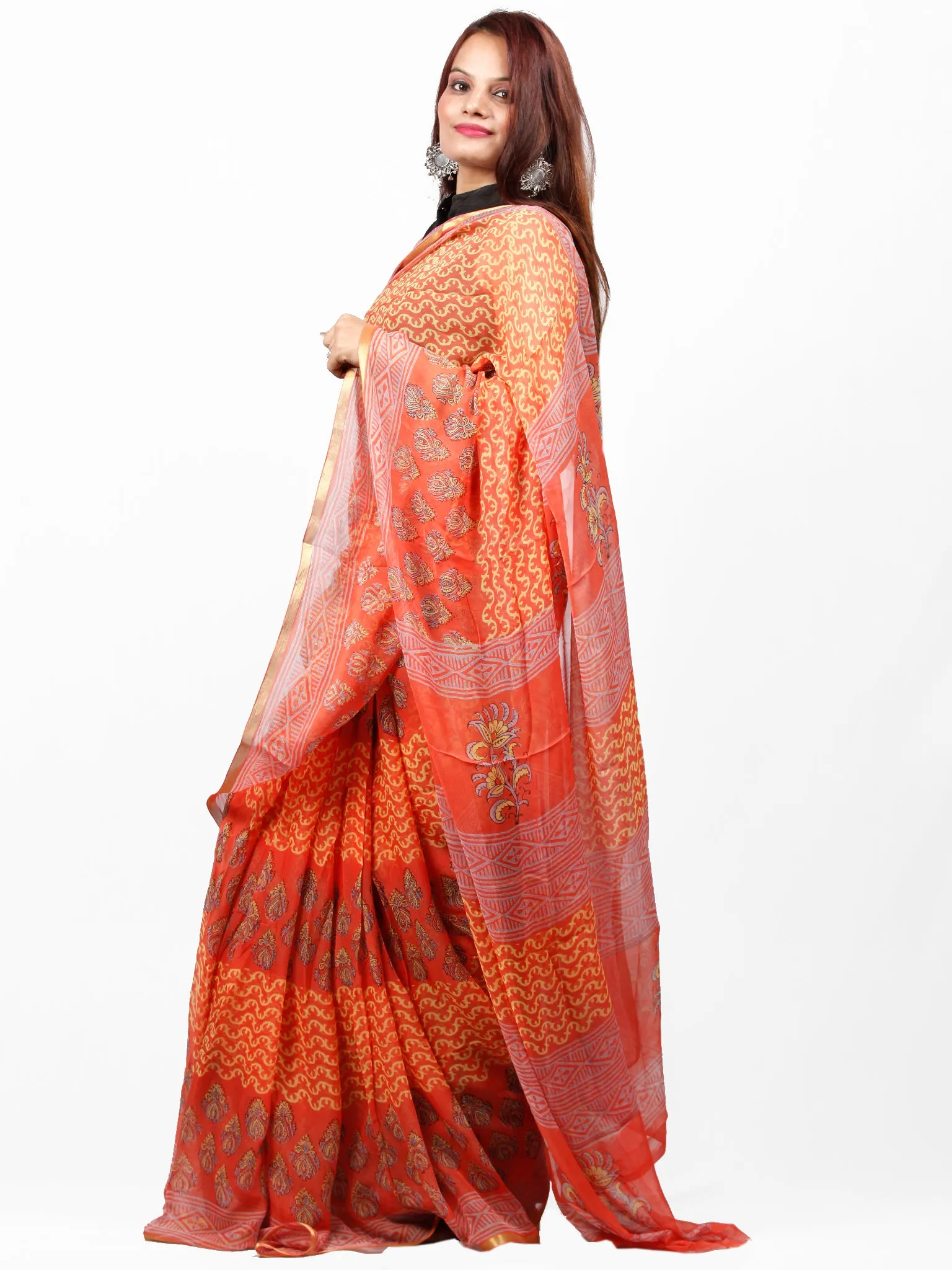 Coral Green Hand Block Printed Chiffon Saree with Zari Border - S031703438