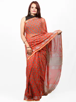 Coral Green Hand Block Printed Chiffon Saree with Zari Border - S031703438