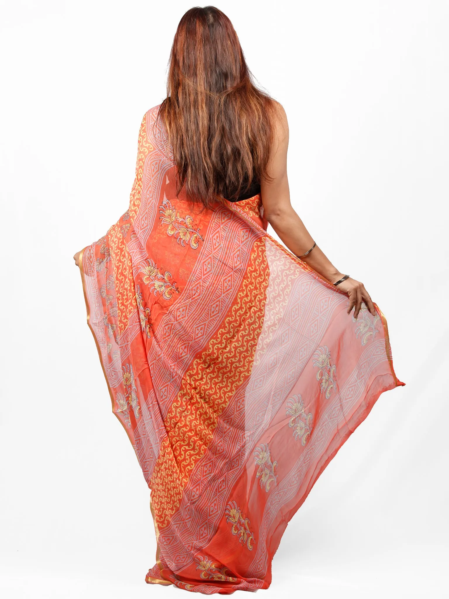 Coral Green Hand Block Printed Chiffon Saree with Zari Border - S031703438