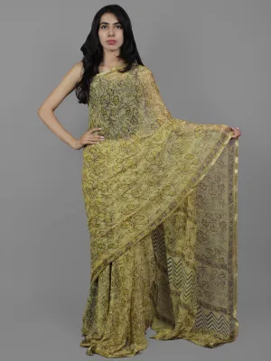 Cream Mustard Blue Hand Block Printed Chiffon Saree - S031702112