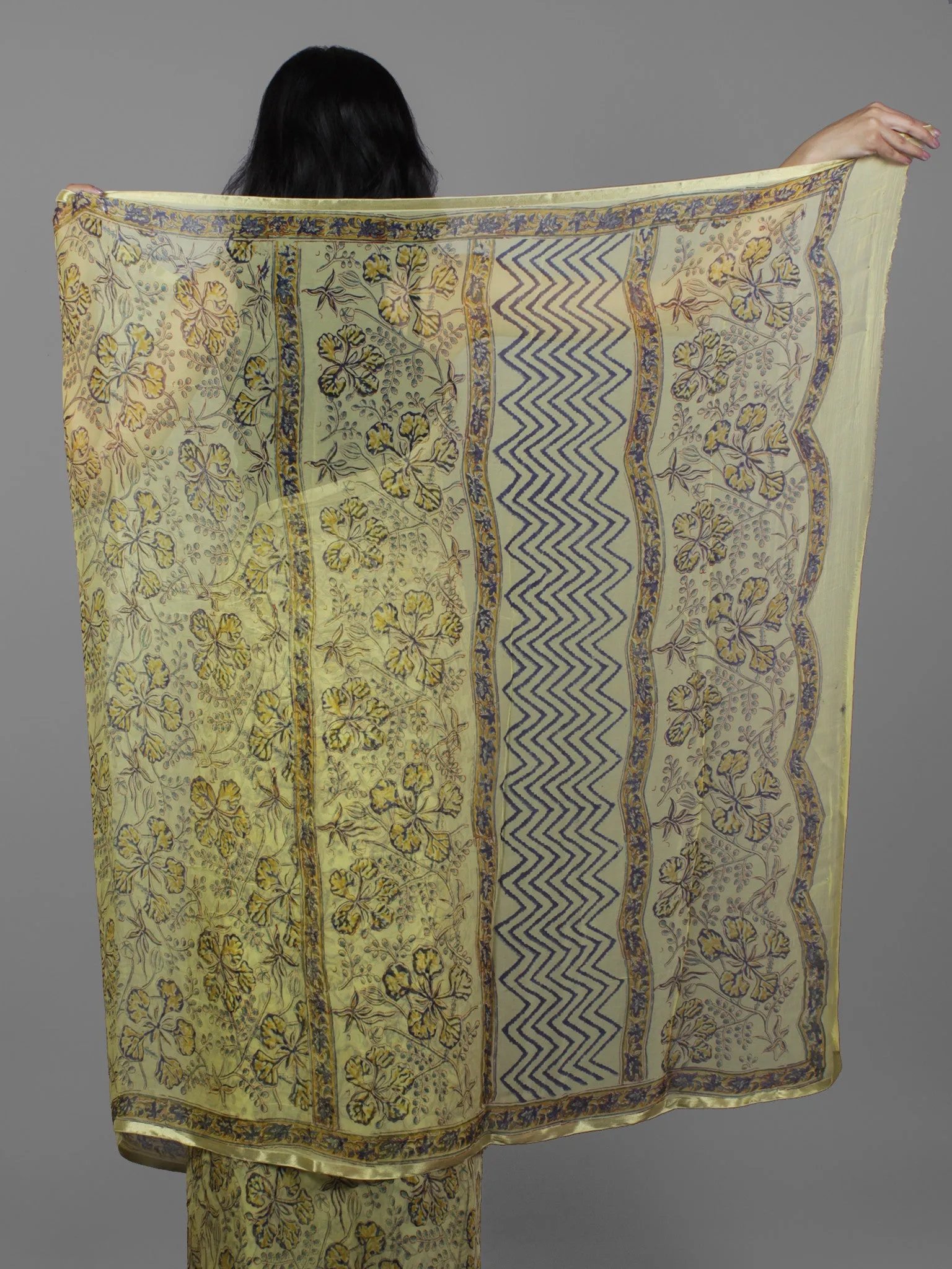 Cream Mustard Blue Hand Block Printed Chiffon Saree - S031702112
