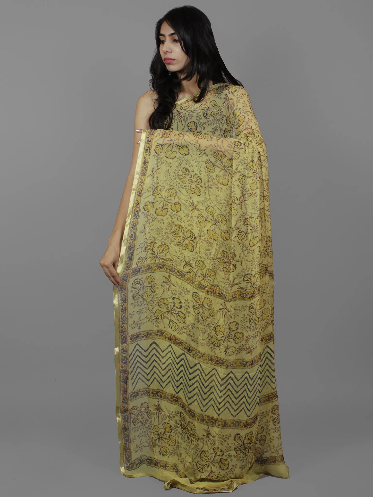 Cream Mustard Blue Hand Block Printed Chiffon Saree - S031702112