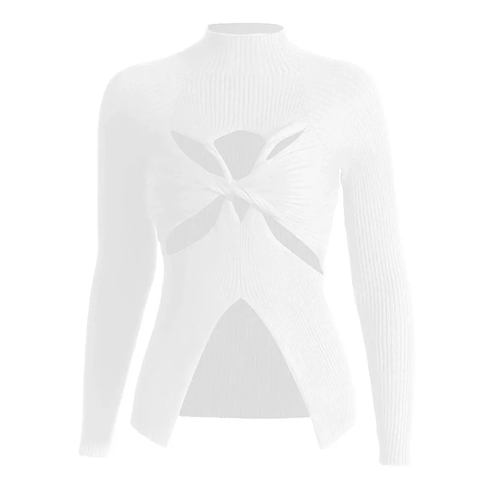 Crisscross Hollow Out Knitting Sweaters For Women Round Neck Long Sleeve Slimming Casual Chic Sweater Female