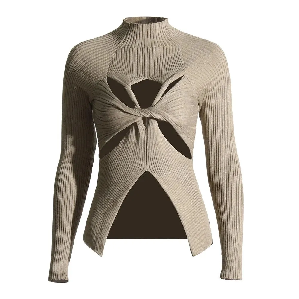 Crisscross Hollow Out Knitting Sweaters For Women Round Neck Long Sleeve Slimming Casual Chic Sweater Female